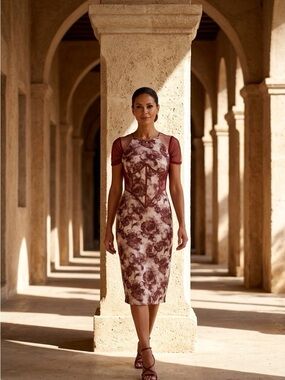2070 - Floral Mesh Accent Midi Dress in Brown and Cream